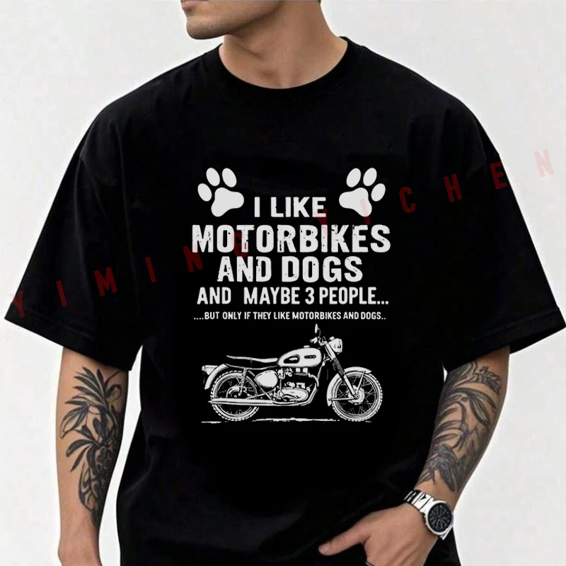 Retro Motorcycle & Dog Lovers - Motorbike & Paw Print Design T-shirt Summer Cotton Short Sleeve Casual Round Neck Unisex Tops