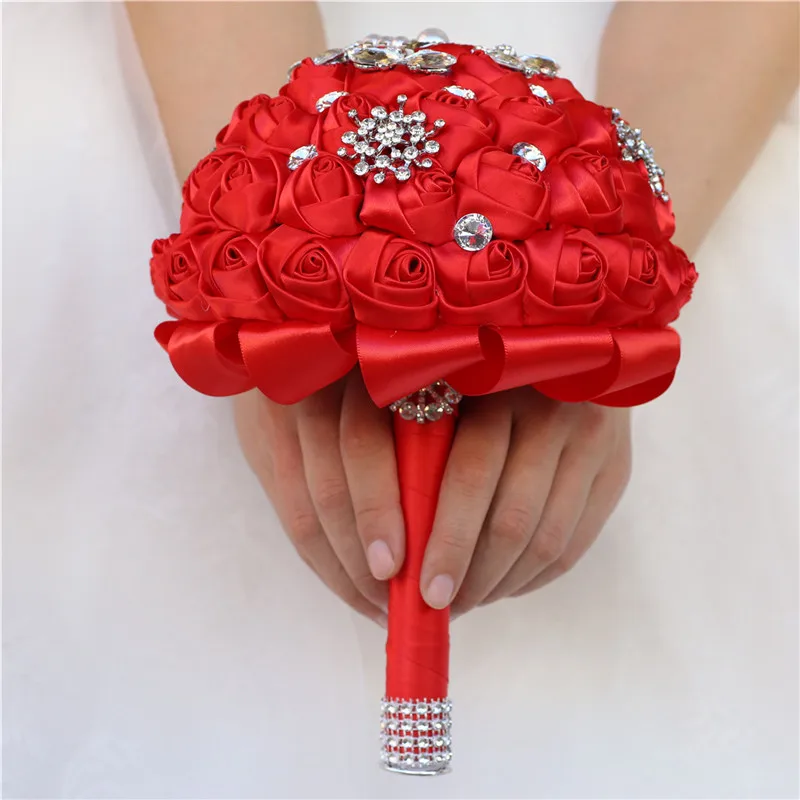 Ramo de boda rojo para novia y dama de honor, flor de sujeción de perlas de diamantes de imitación dorados, decoración de fiesta de boda, venta al por mayor, gran oferta