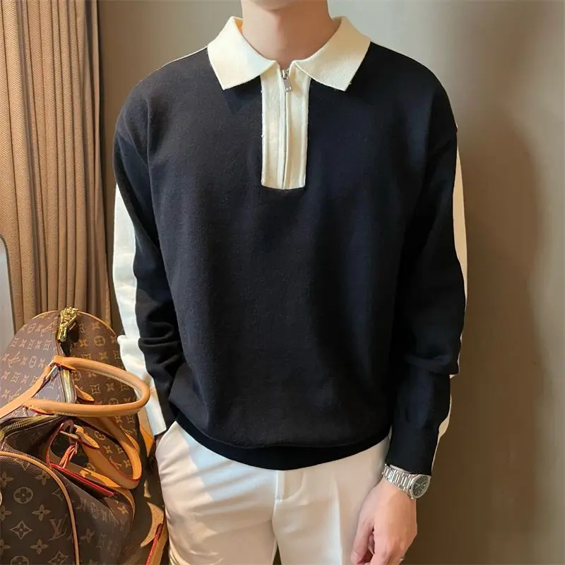 

Korean Sle Long Sve Ne Knitted Sweater f Zip Loose Color Commute Woolen Top Men's Busin Casual Wear