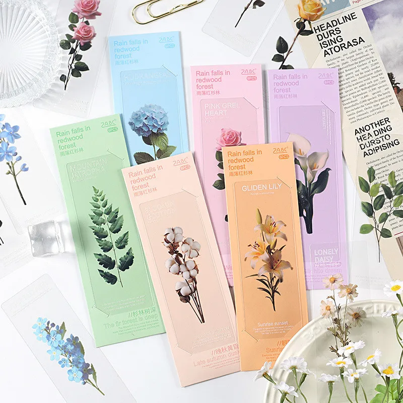 6 Pcs/pack Nature Flowers PVC Flora Green Plants Bookmarks Creative Translucent Literary Bookmarks for Book Lovers Kids Gift