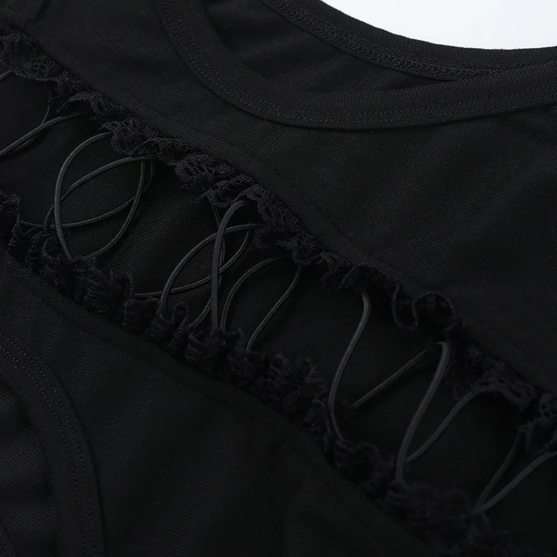 Femmes Sexy évider à lacets débardeur culture hauts 2025 été col rond sans manches champignon bord gilets maigres mode t-shirts occasionnels Clubwear