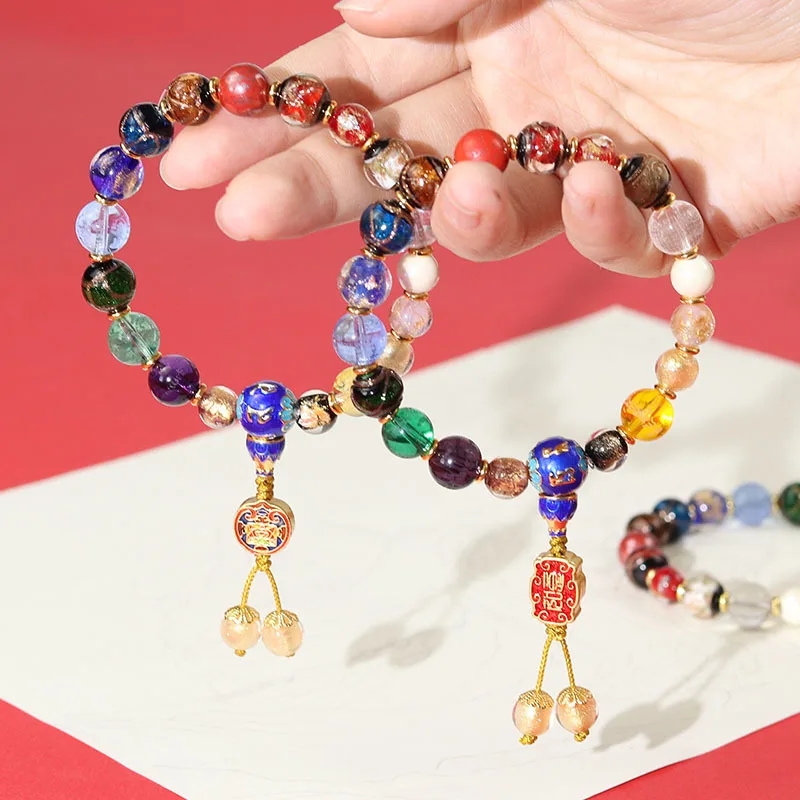 

Buddhist Prayer Beads Bracelet with Glazed Beads Cinnabar Gold Foil Green Tara Yellow Mantra Vajra Charms Gifts