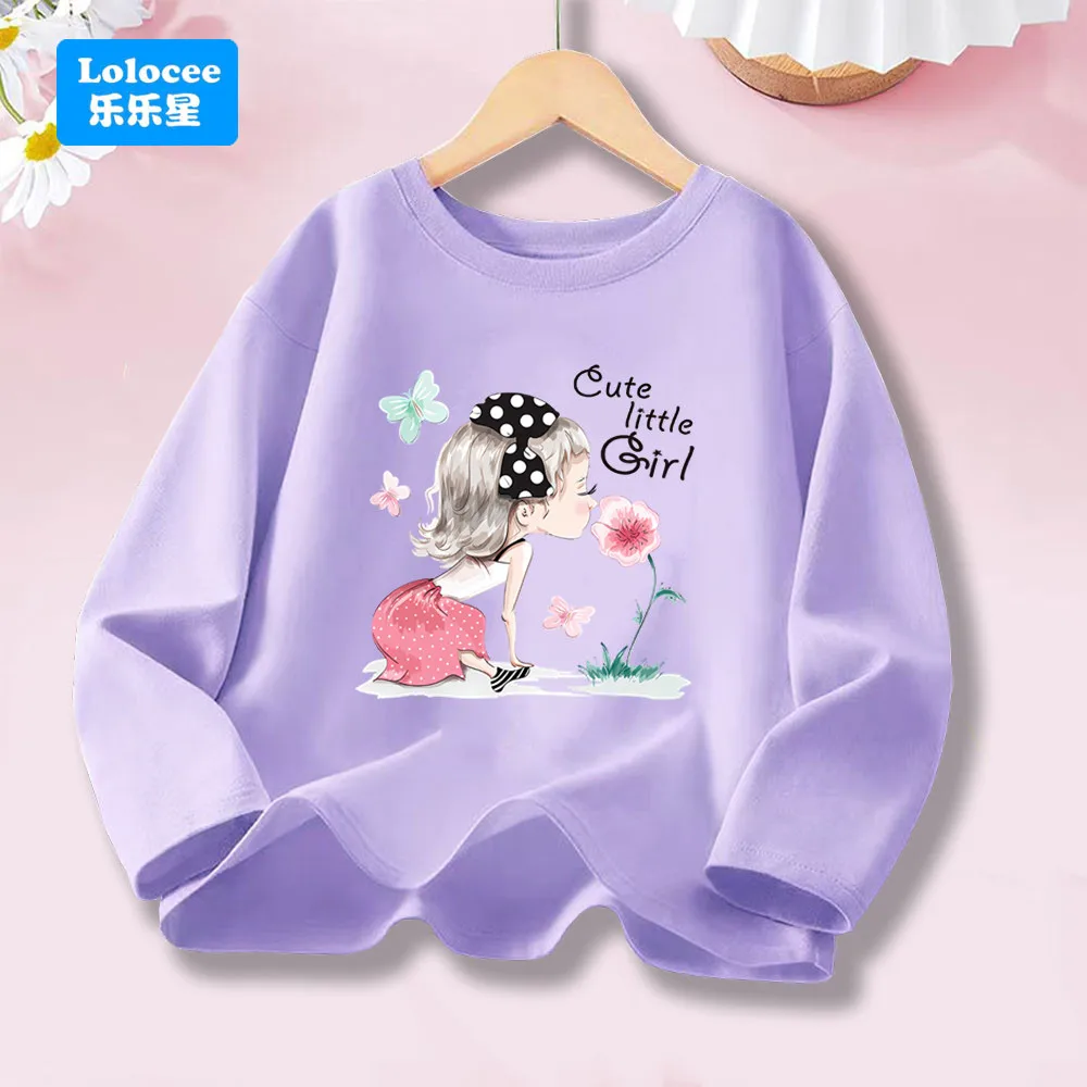 Langarmshirt aus Baumwolle für Kinder, Kawaii-Cartoon-Mädchen- und Blumengrafik-T-Shirt, süßes, lässiges Top-T-Shirt WHD1