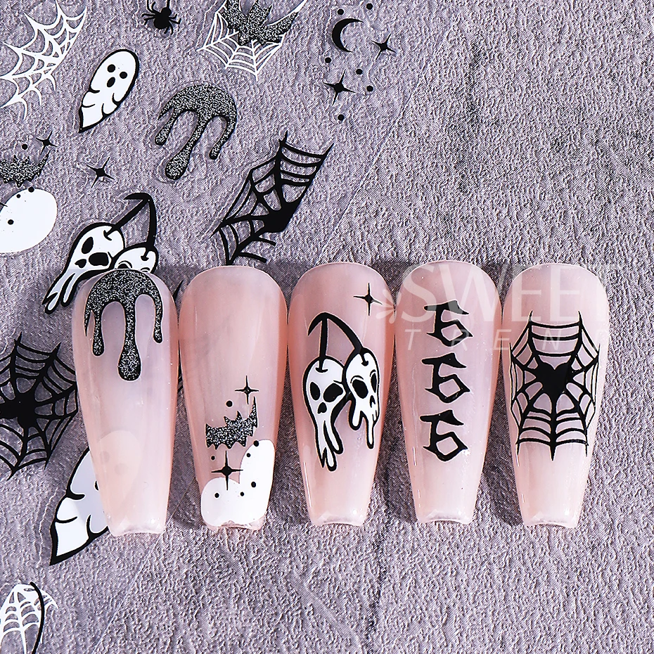 Autocollants adhésifs en toile d'araignée pour Halloween, 2 pièces, paillettes holographiques, chauve-souris fantôme étoile, accessoires de manucure à faire soi-même