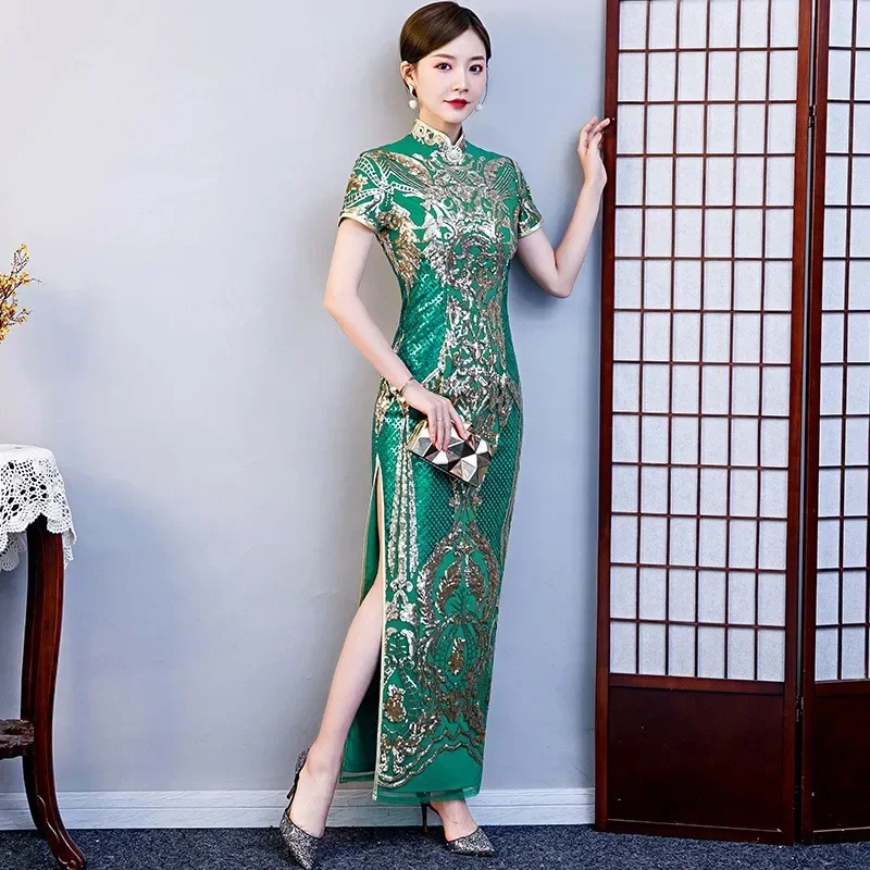 

New Women Retro Elegant Sequins Long Fork Cheongsam Sexy Fashion Stage Show Party Dress Chinese Traditional Qipao Novelty