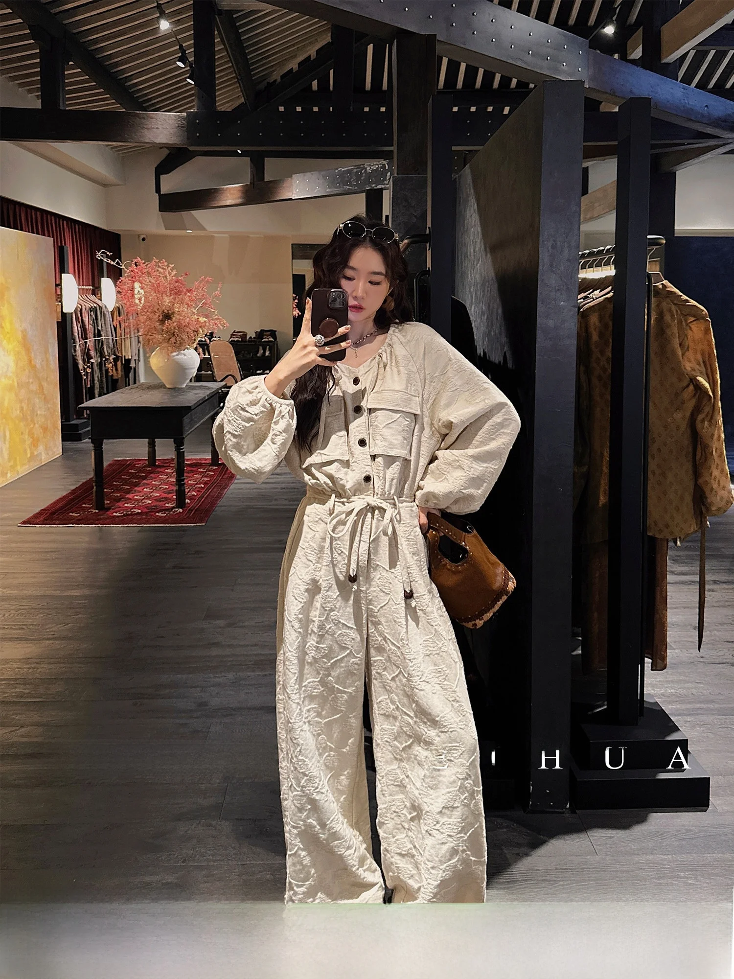 

Sanji Black Flower Wide Leg Pants Seattle New Chinese Style Embroidered Floral Patterned Jumpsuit Commute Simple Cotton Blend