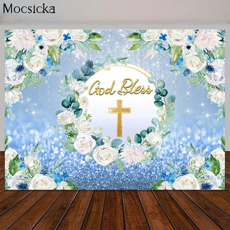 Boy First Holy Communion Backdrop Gold Bless Baptism Party Decor Blue Floral Gold Glitter Background Baby Shower Photo Props