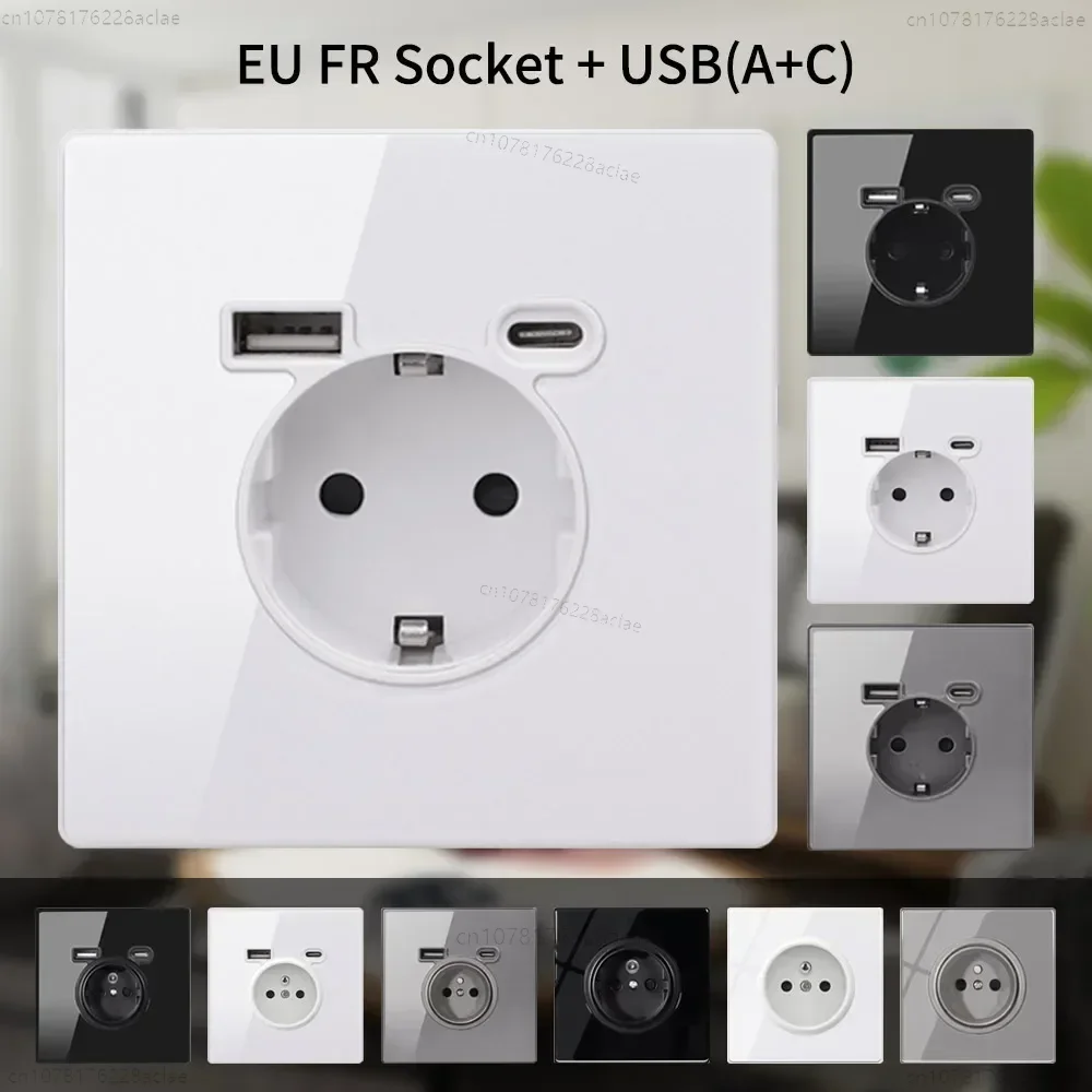 Tempered Glass 16A EU Socket USB Wall Socket TypeC USB Socket AC110V-250V 5V 2100mA Security Protection, Home Office Villa Hotel