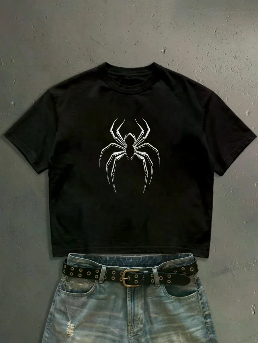 Men's Black Standard Size Cropped Loose Fit Short Sleeve T-Shirt, Cool Spider Print Contrast Color T-Shirt, Suitable For Street Photography And Daily Social Outings