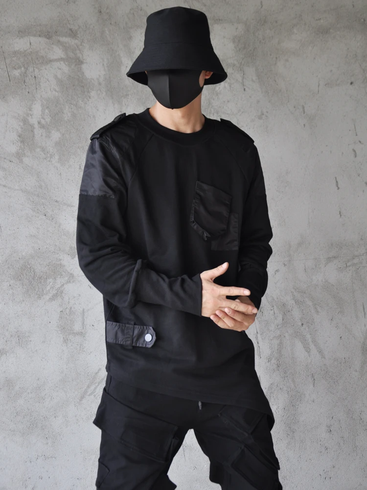 

Dark Mountain Style Personality Asymmetrical Splicing Pocket Cargo Long Sleeve Hoodie Men Loose Sleeve Hip Hop T-shirt