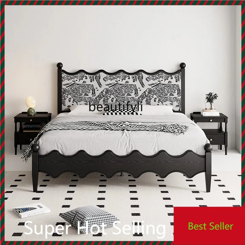 

QQ132 French retro wavy solid wood red oak bed 1.8 meters double master bedroom soft bag bed black medieval ripple bed