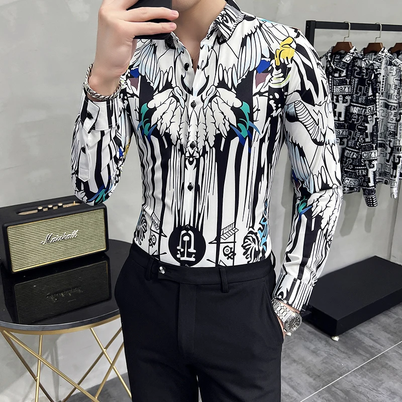 

Spring Autumn 6XL Long Sleeve Men Vintage Shirts Fashion Punk Eagle Wings Print Slim Fit Korean Mens Shirt Vetement Luxe Homme