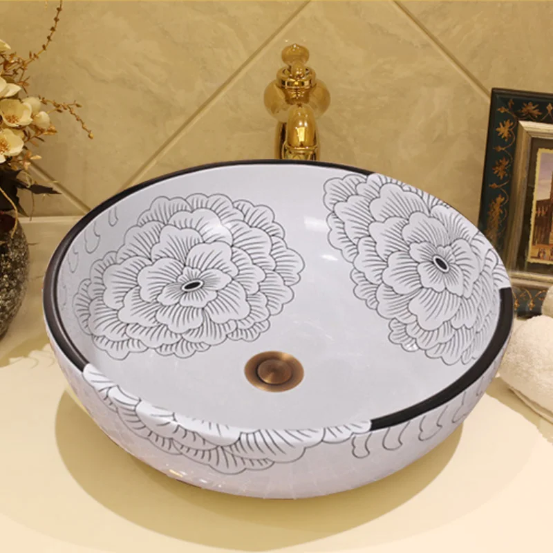 

Chinese Handmade Flower Modern Artistic White Vessel Sink Ceramic Bathroom Sink art basin sink