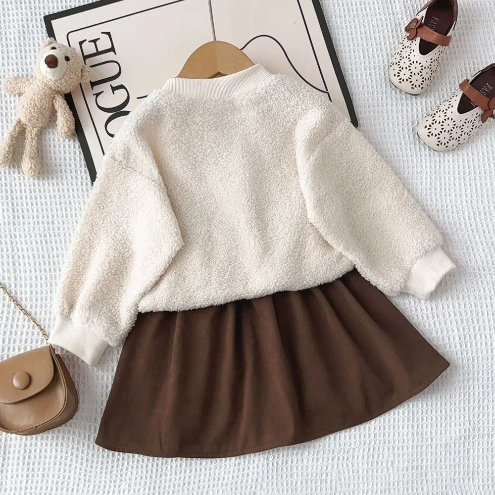 Fashion New Children's Clothing Solid Color Long Sleeve Letter Plush Top+Brown Skirt Children's Set Autumn Toddler Girl Clothes