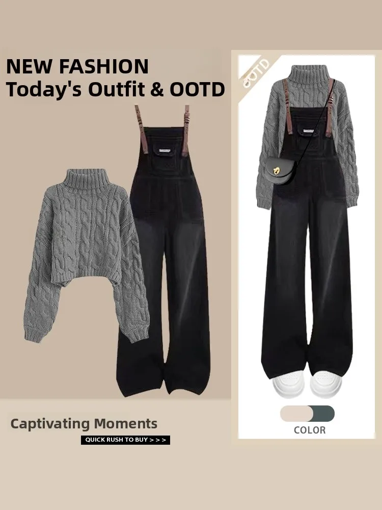 

Autumn Winter Knitted Sweater High Collar Short Design Fashionable Small Size Matched with Belted Pants Two Piece Set