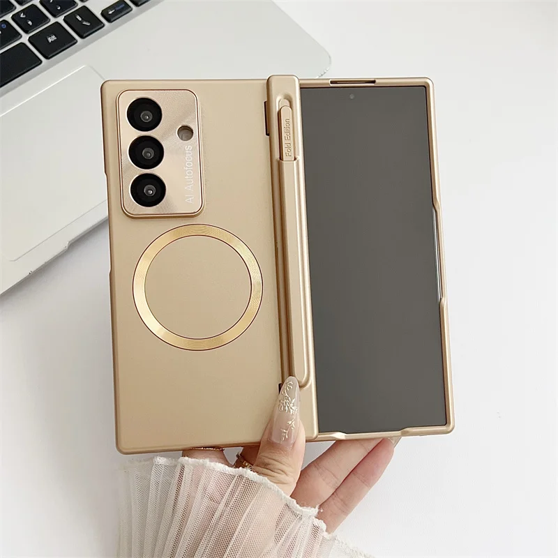 

For Samsung Galaxy Z Fold 7 6 5 Plated PC with Stroke Tempered Glass Front Film Drop and Anti Fingerprint Phone Case