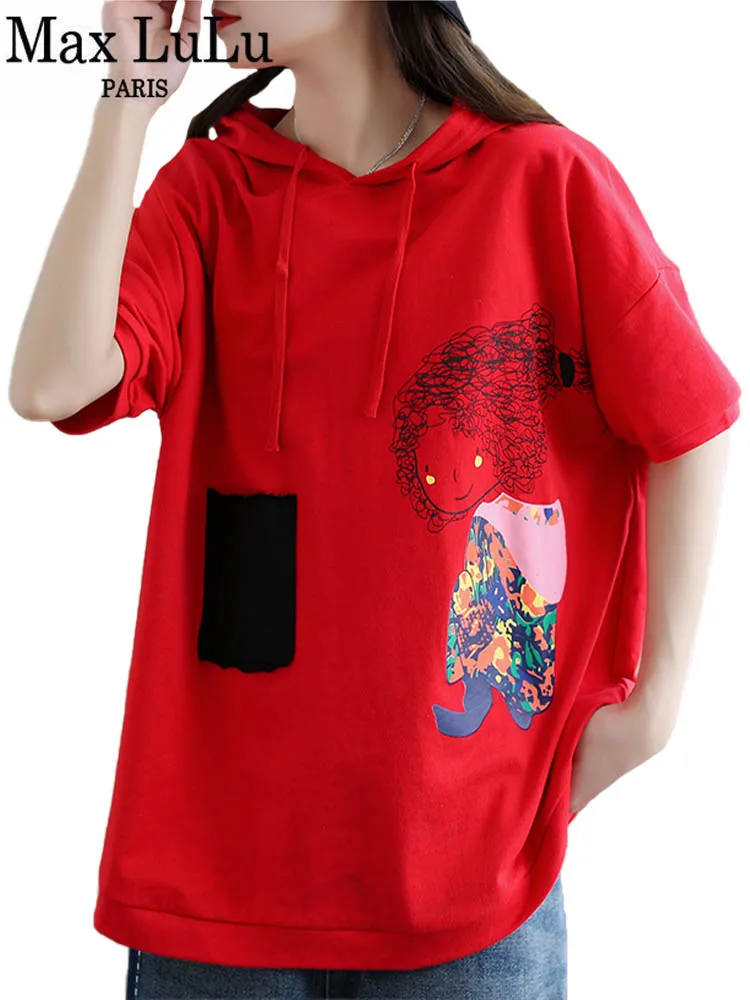 Max LuLu Summer Fashion 2022 Tops Girl Red Hooded Casual Tee Women Patchwork Short Sleeve Tshirt Ladies Printed Clothes Big Size