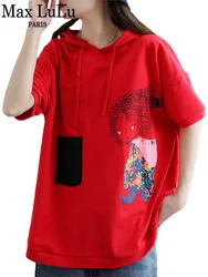 Max LuLu Summer Fashion 2022 Tops Girl Red Hooded Casual Tee Women Patchwork Short Sleeve Tshirt Ladies Printed Clothes Big Size