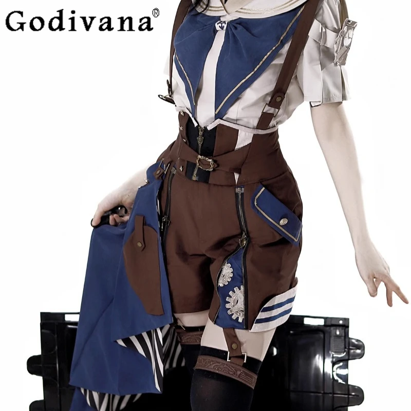 Conjunto de tres piezas para mujer, disfraz de Príncipe Cos, ropa de Cosplay Original de Lolita, camisa con cuello azul marino y tirantes, traje de cola corto