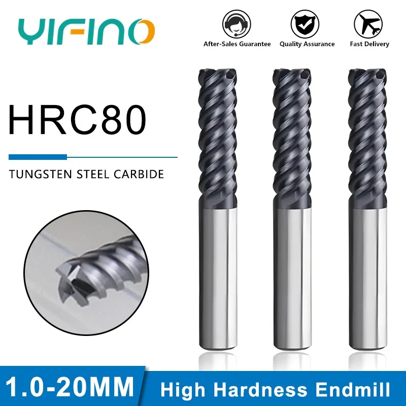 YIFINO HRC80 4-Flute High Hardness Milling Cutter Tungsten Steel Carbide Unequal spiral End Mill CNC Machining Endmill Tools