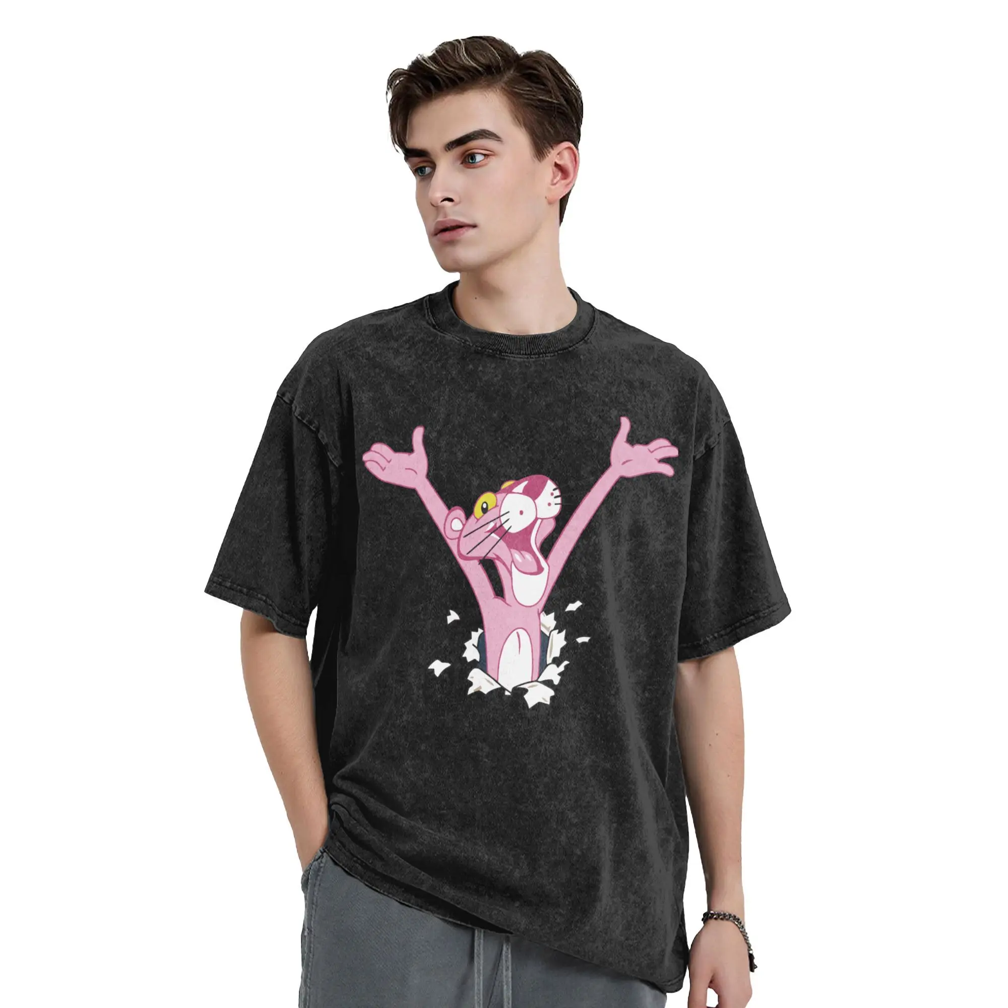 

Cartoon Pink P-Panther T Shirt Hip Hop Washed Short Sleeve Oversize T-Shirt Vintage for Men Women Printed Tee Shirt