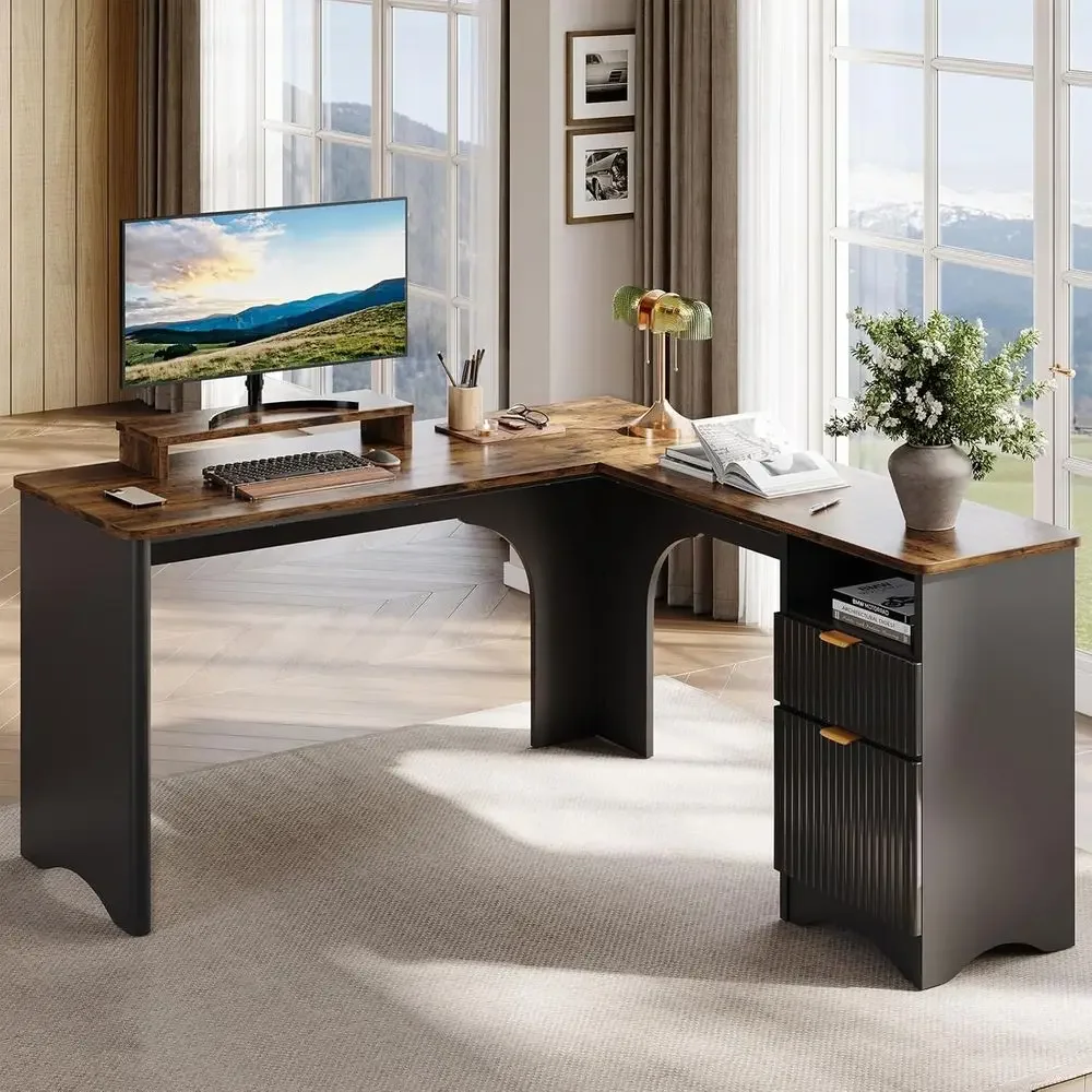 

L-Shaped Computer Desk, 55.7 x 55, with Monitor Stand and Rounded Corners for Home Office, Black & Rustic Brown