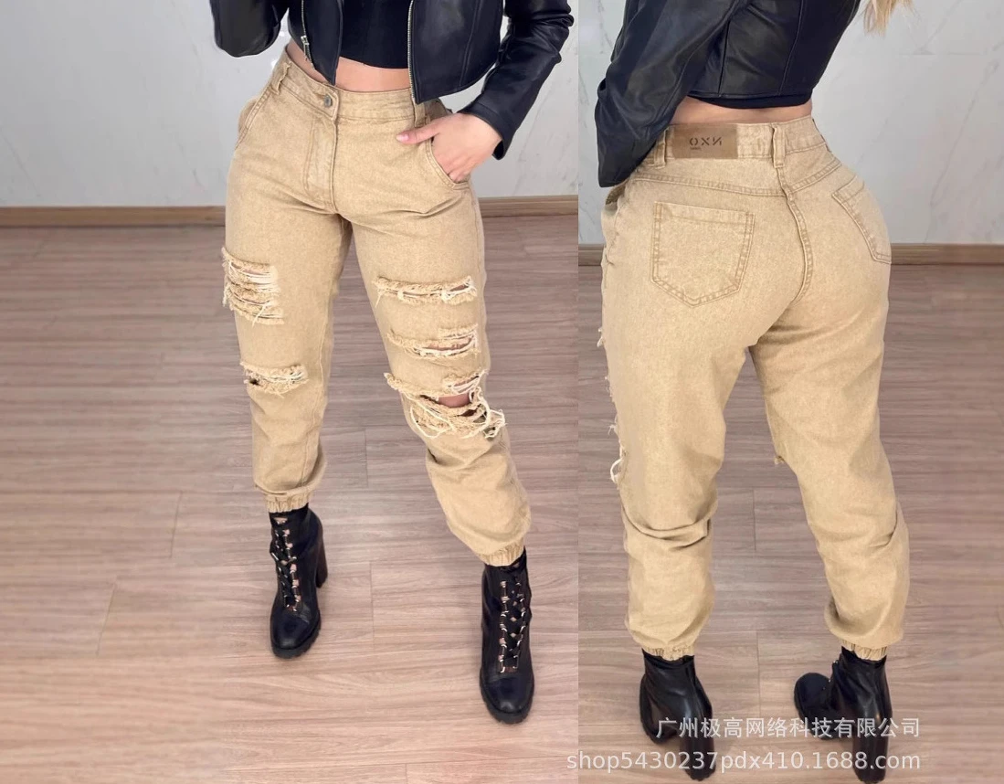 Frauen Khaki Casual Ripped Hohe Taille Krawatte Werkzeug Hosen Knöchel Länge Hosen Taschen