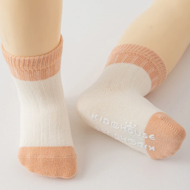 Newborn Baby Contrast Color Combed Cotton Soft Non-Slip Socks with Rubber Bottom Comfortable Skin-Friendly Casual Mid-Tube Socks