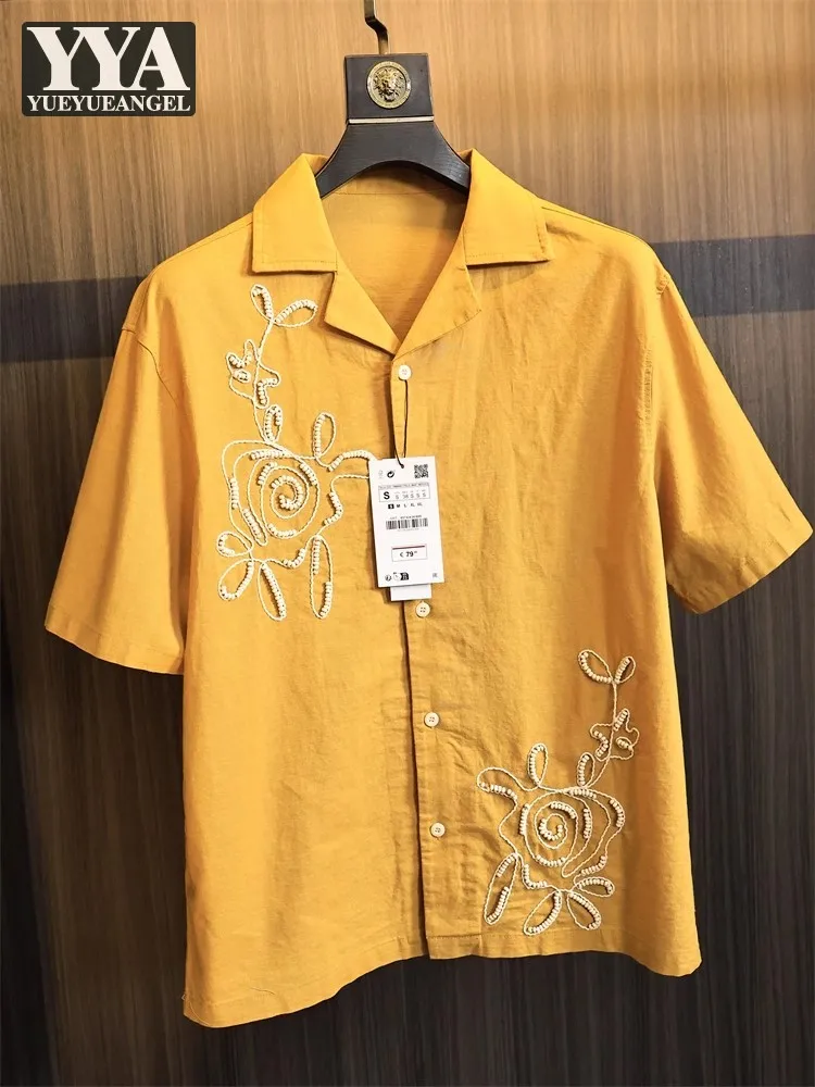 2025 New Holiday Style Bead Embroidery Summer Mens Shirt Vintage Short Sleeve Turndown Collar Loose Fit Casual Personality Tops