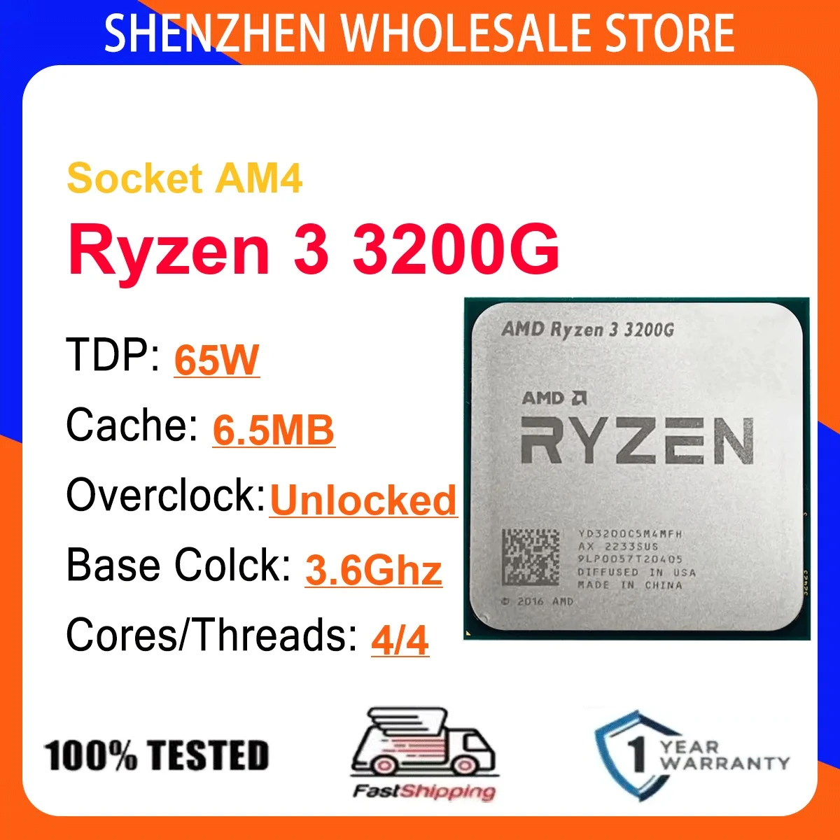 AMD Ryzen 3 3200G 4-Core 4-Thread 12NM 3.6Hz/4.0GHz L3=4MB 65W CPU Gaming Proce Socket AM4 DDR4 NEW No Cooler No Fan