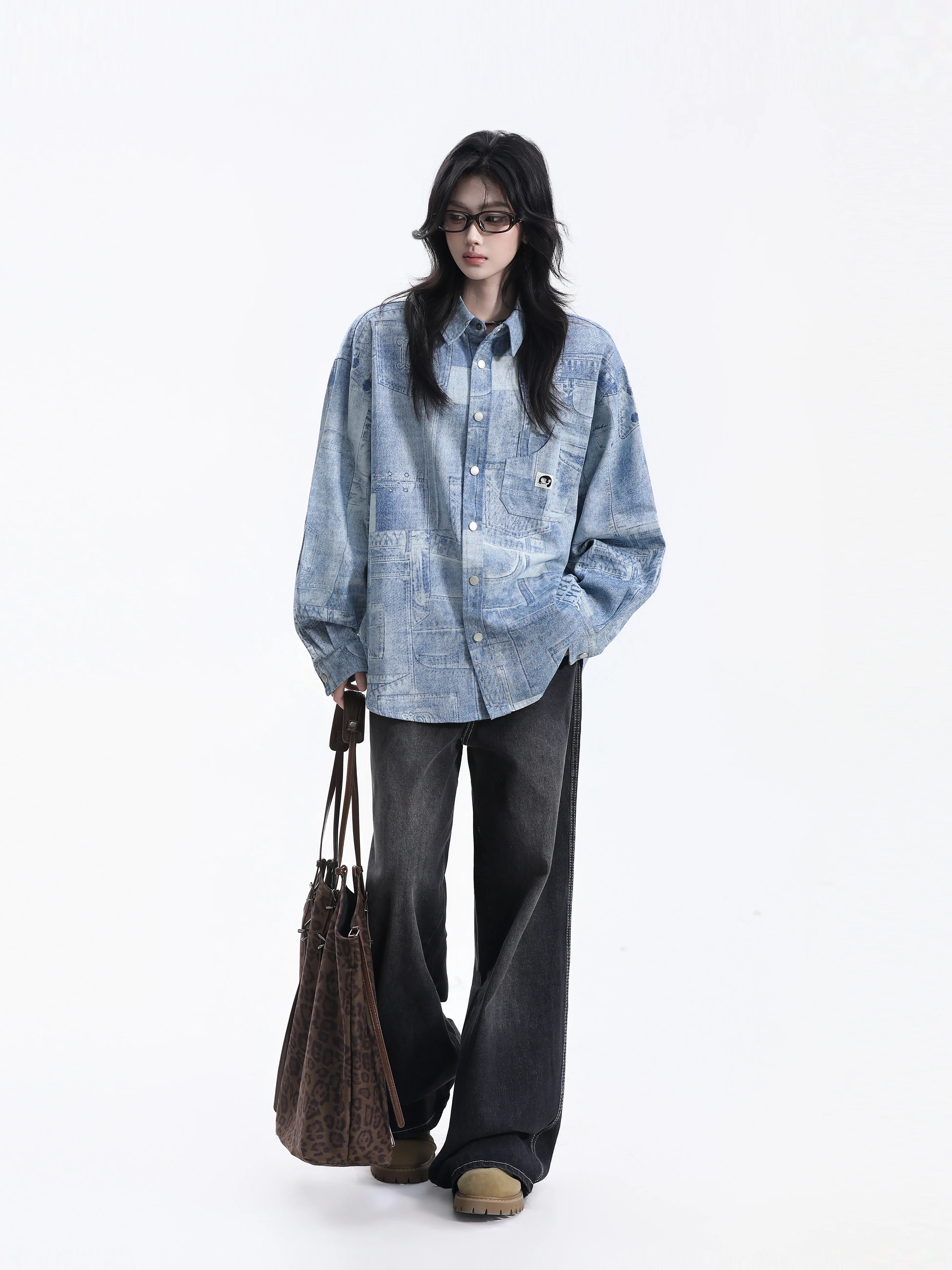American Style Denim Deconstructed Shirt Women Loose Collar Pocket Small Label Lazy Casual Couple Shirt Cotton Long Sleeve