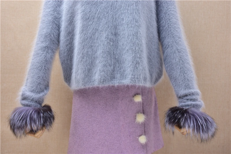 Ladies Women Autumn Winter Crop Top Grey Hairy Angora Rabbit Hair Knitted Fur Sleeves O-Neck Loose Pullover Sweater Jumper Pull view 5