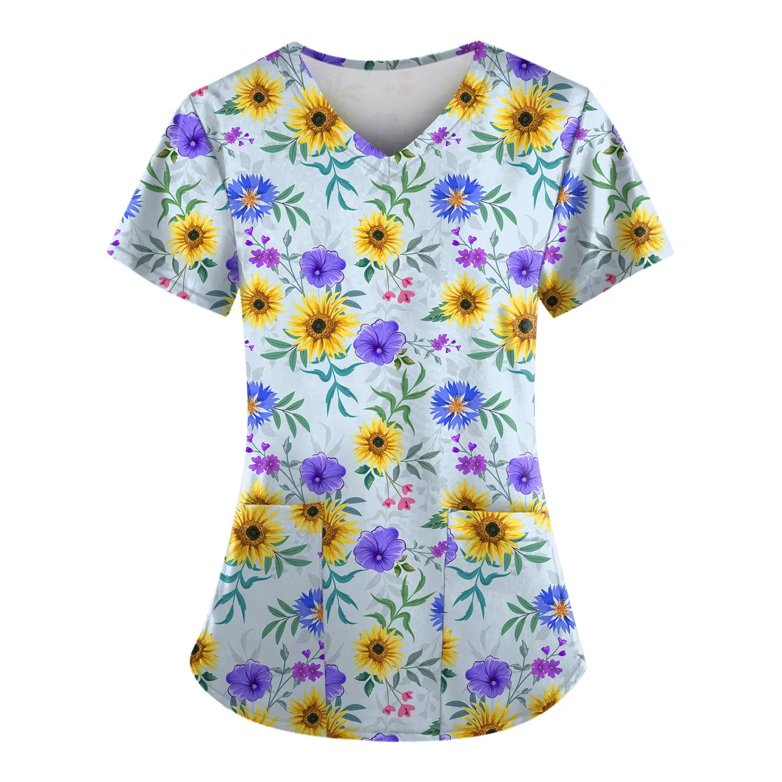 レディース半袖Vネックワークウェア花柄プリント作業服カジュアル医療クリニック看護ブラウスシャツ