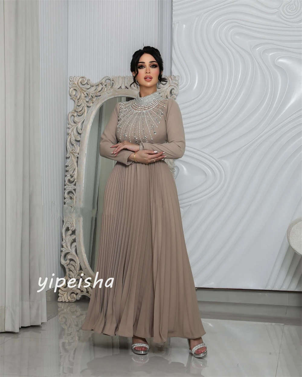 Customized Evening  Sexy Casual  Chiffon Beading Draped Pleat Wedding Party A-line High Collar Bespoke Occasion Gown Midi Dresse