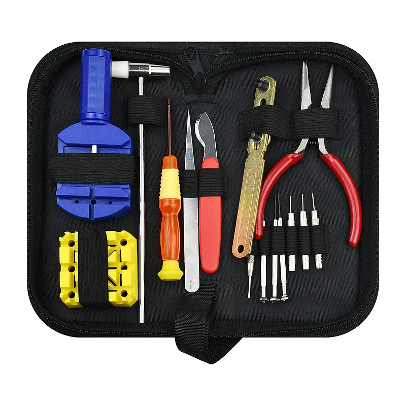 

Full function watch repair tool set including adjustable/switchable multi specification screwdriver and portable canvas bag
