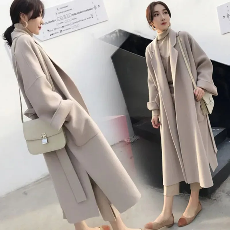 

Woolen Coat Women's Autumn Winter Thick Solid Color Lapel Belt Long Large Overcoat Temperament Fashion Commuter Female Clothing