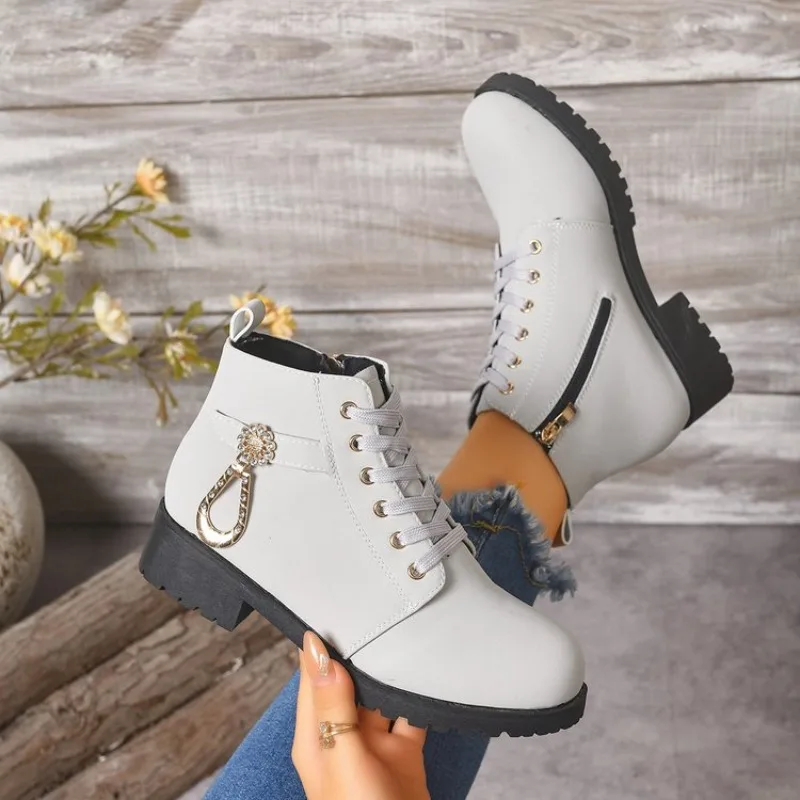 Womens Ankle Boots Round Toe Stable Heel Leather-Look Finish Lace-Up Side Zipper Buckle Charm Textured Outsole Outdoor Footwear