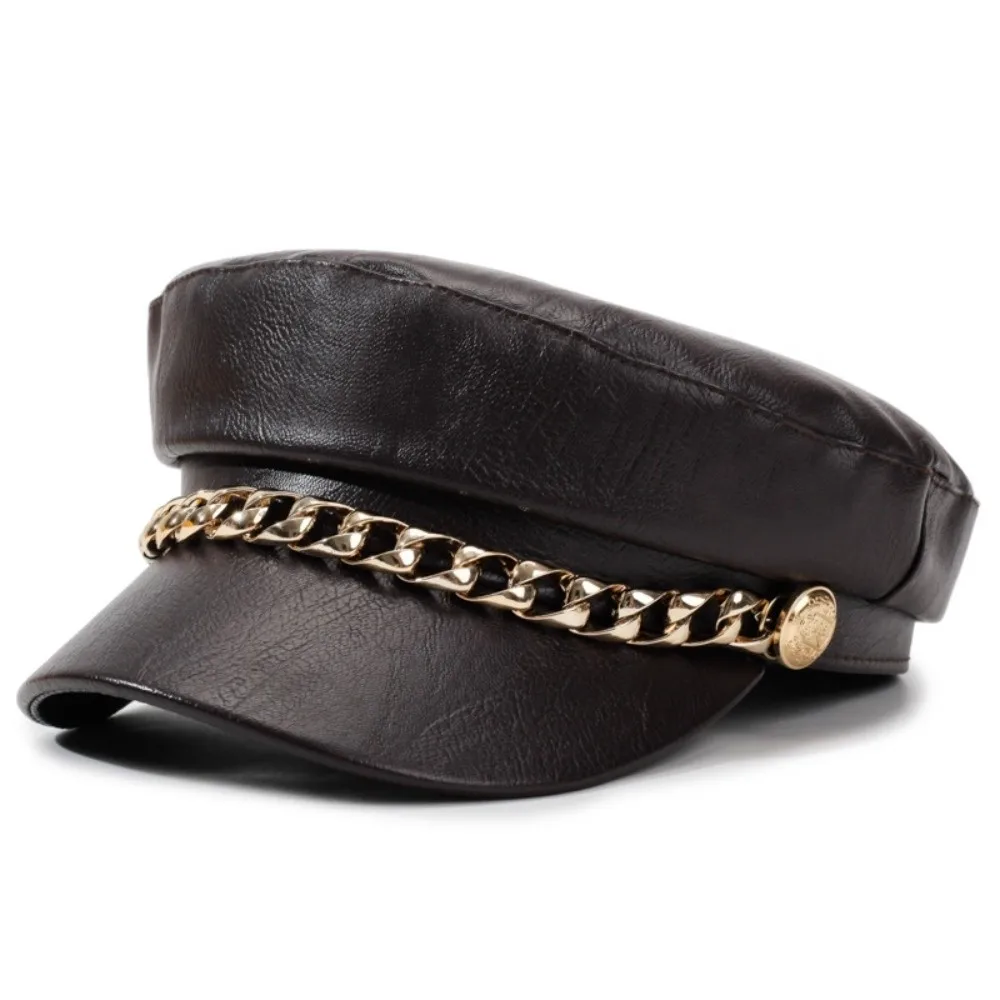 PU Leather Newsboy Cap Chain Decor Solid Color Baker Boy Cap Adjustable Strap Faux Leather Flat Top Cap Casual Street Wear