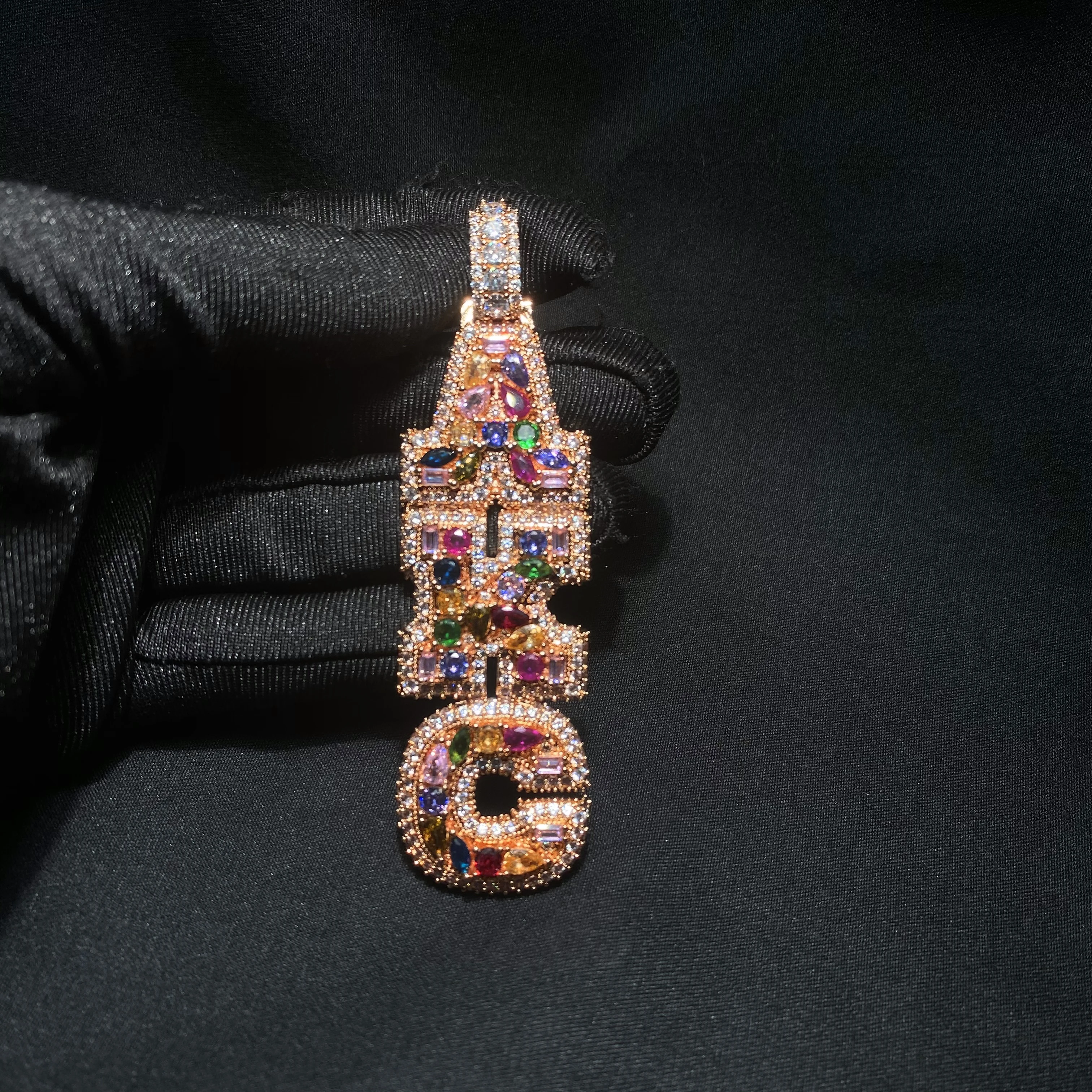 TBTK Custom Vertical Initial Letter Pendant Mixed Inlay Different Shape Multi Color CZ NamePlate Necklace Hiphop Jewelry view 4