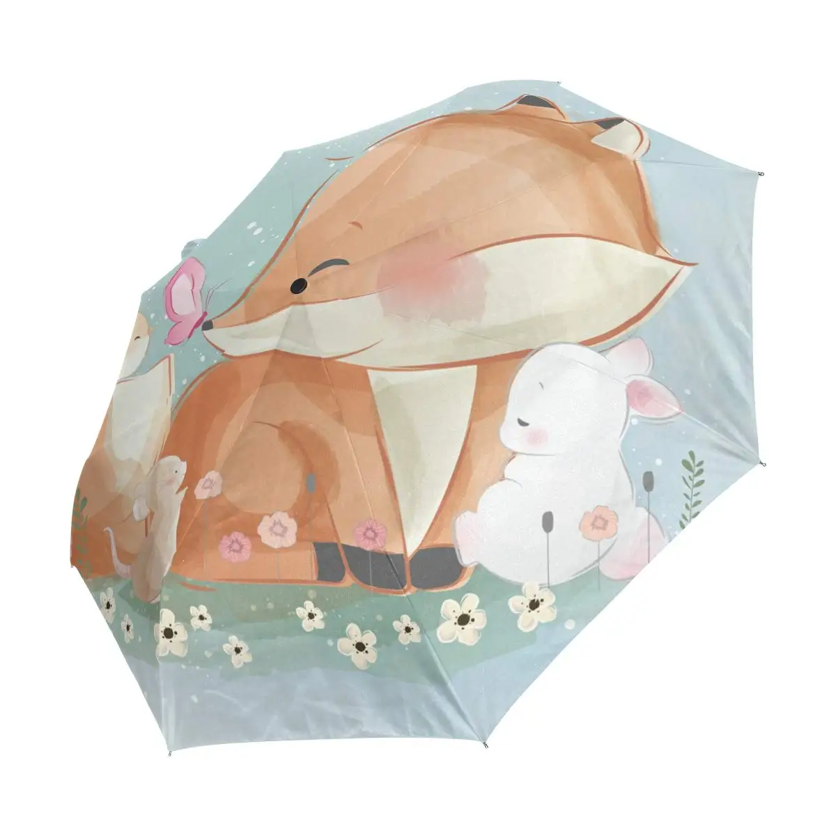 Cartoon Animal Fox Folding Umbrella, Lovely Fox Print Umbrella Portable, Lightweight, 8 Ribs,Water Repellent,Water Repellent