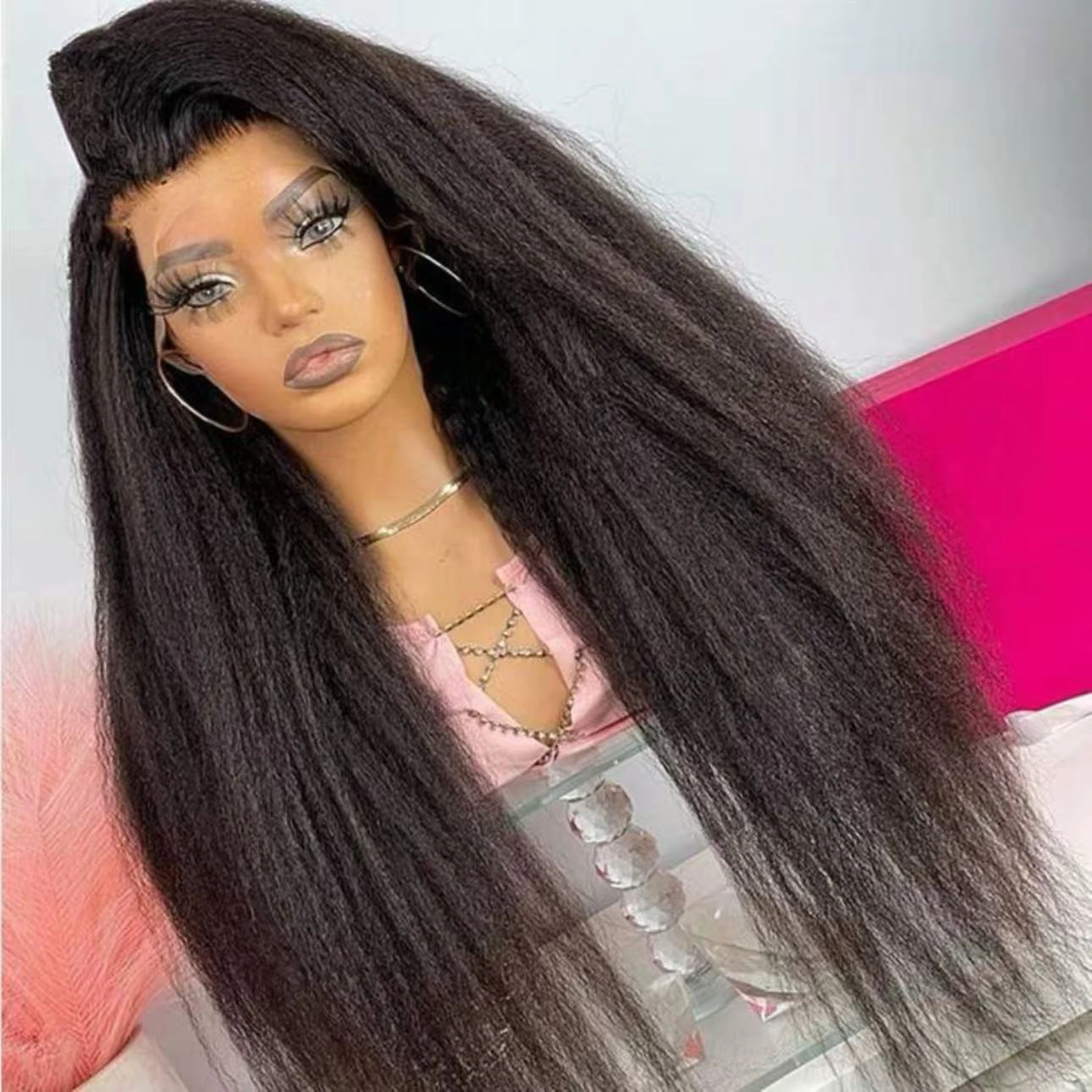 Yaki Kinky Straight 13X4X1HD Full Lace Frontal Wigs For Women Preplucked With Baby Hair Heat Resistant Fiber Glueless Wigs Party image 5