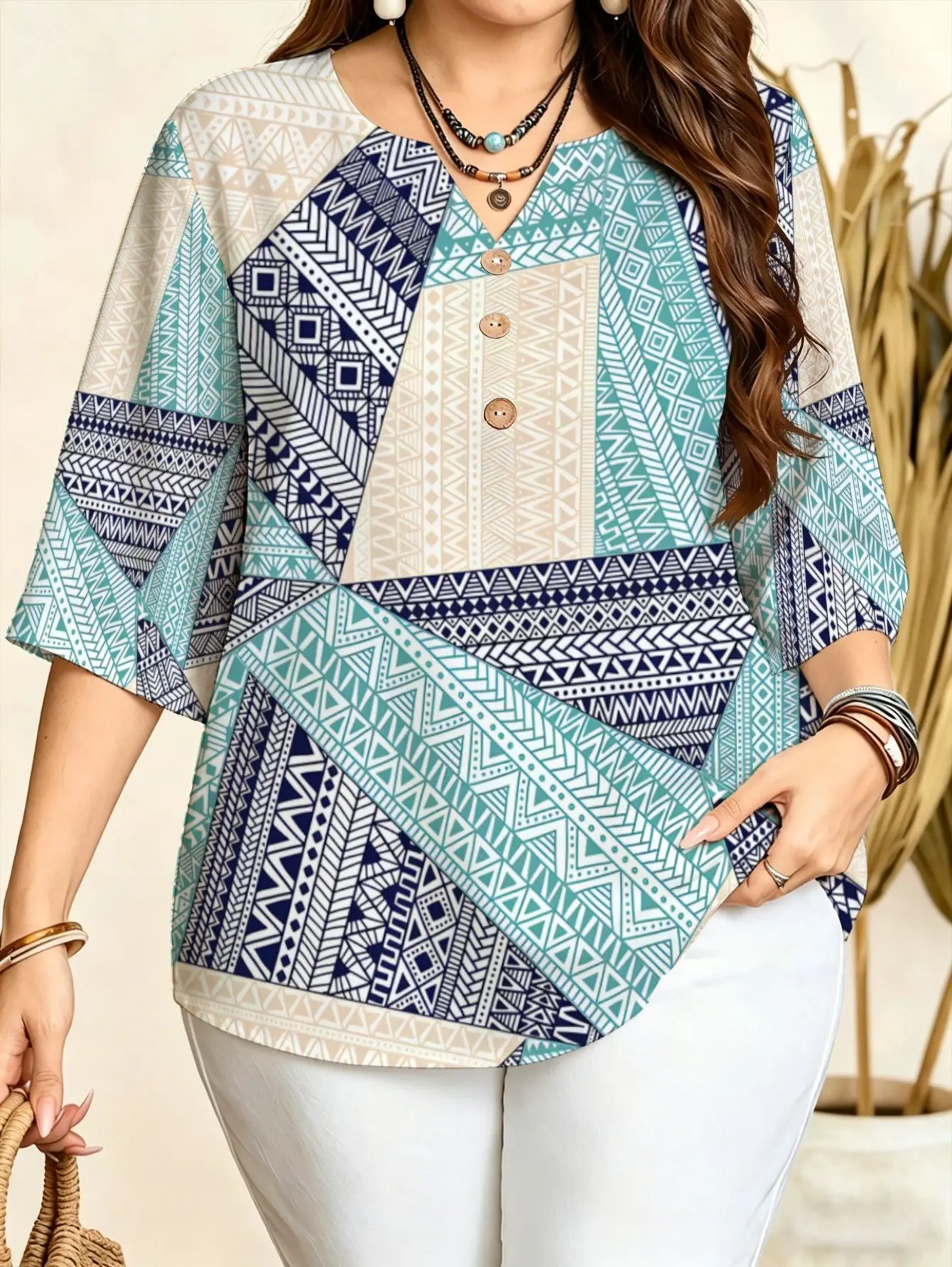 Geometric Spliced Color Block Blouses Notch V Neck 3/4 Sleeve Loose Fit Lightweight Plus Size Women Daily Office Casual Shirts