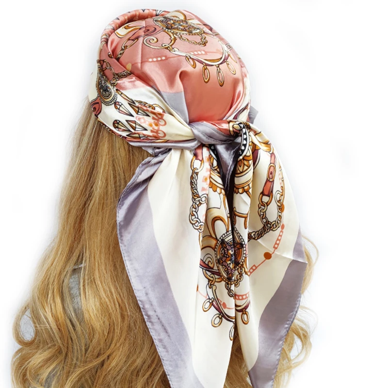 90X90CM Silk Women Hair Neck Square Scarves Office Ladies Shawl Bandanna Muslim Hijab Handkerchief Muffler Foulard pareo wrap