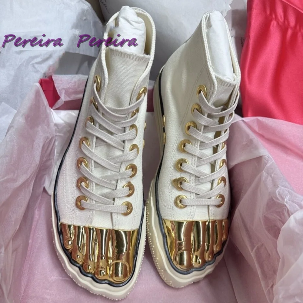 Gold Five Fingers High Top Canvas Man Sneakers Women White Lace Up Casual Flats Pumps Sports Banquet Runway Women's Shoes