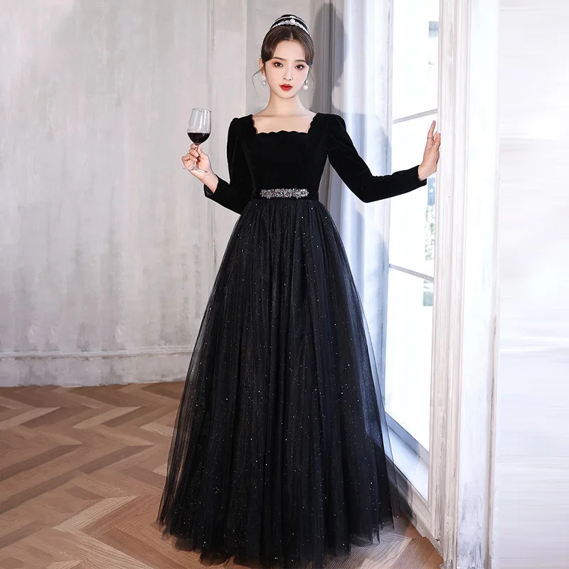 

New Arrival Black Elegant Full Sleeve Floor-Length Lace Up Tulle Pleat A-Line Formal Dress Square Collar Dress Woman Party A2788