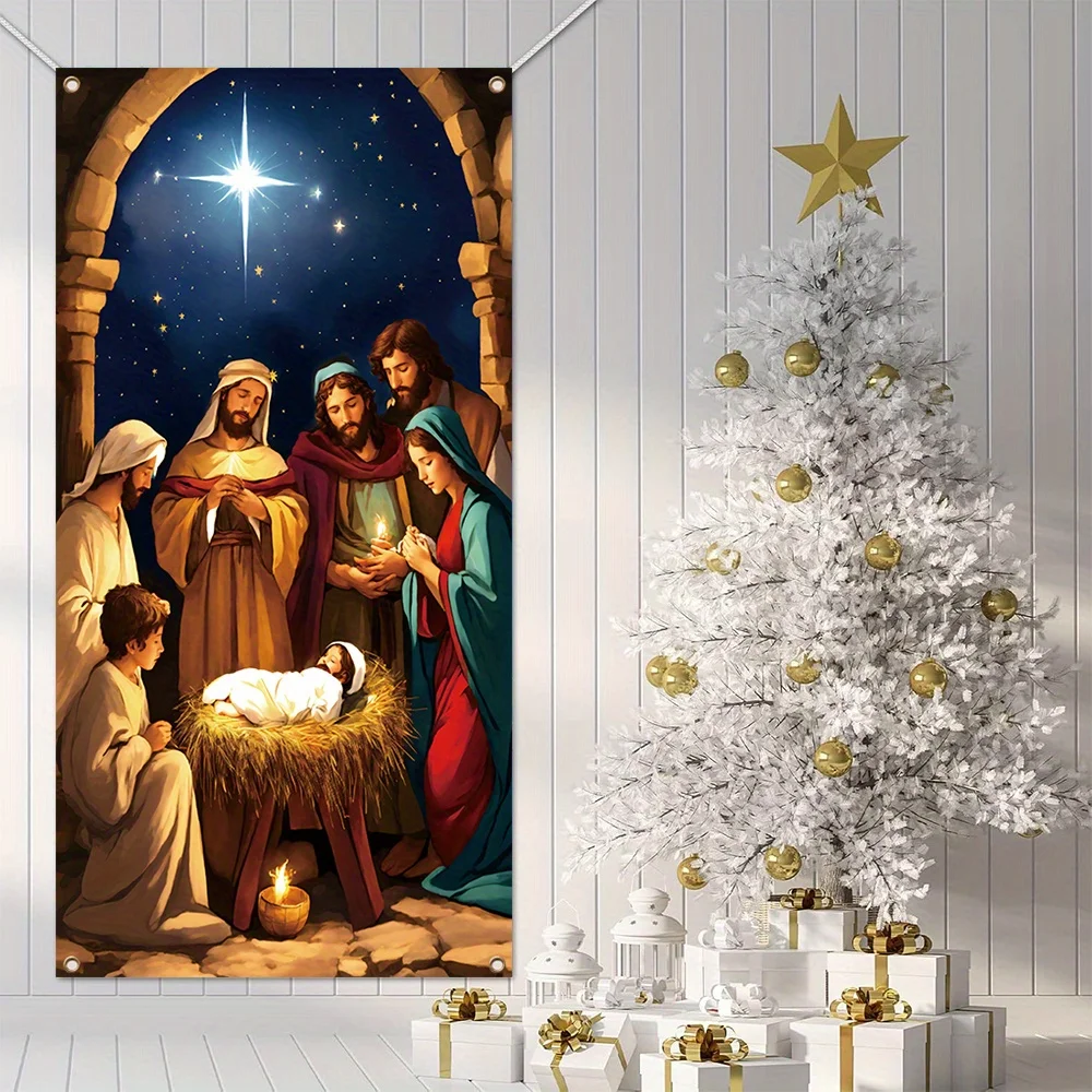 Merry Christmas banner with Shining stars Nativity scene - durable polyester, front door decoration and New Year celebration