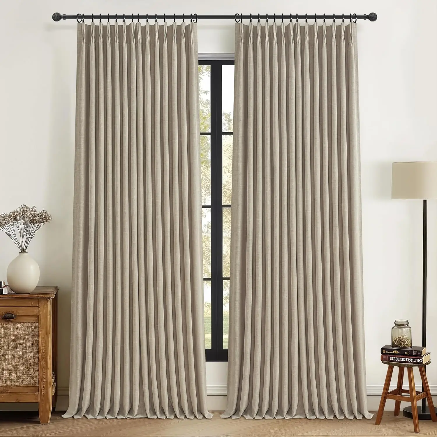 

Pinch Pleated Drapes Linen Room Darkening Curtains 96 Inches Long for Bedroom, Taupe Black Out Floor to Ceiling Sound Da
