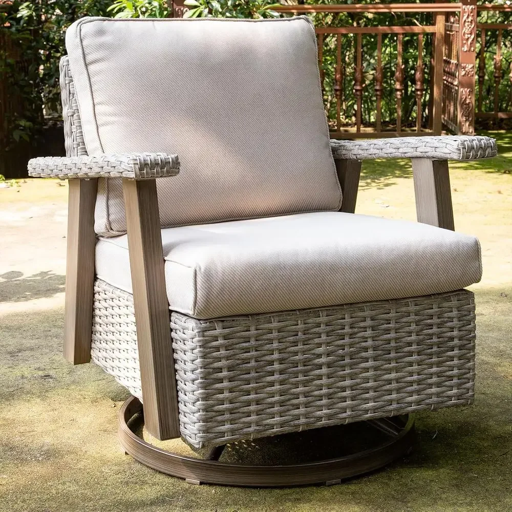 2-Piece Outdoor Wicker Patio Furniture Set with 360° Swivel Rocking Chairs and Cushions (Grey Beige)