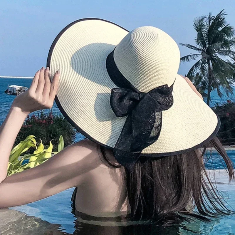 Big Bowkno Summer Fashion Sun Hats Beach Flat Panama Lady Casual Wide Brim Straw Hat Beach Cap Black Bow for Women Accessories