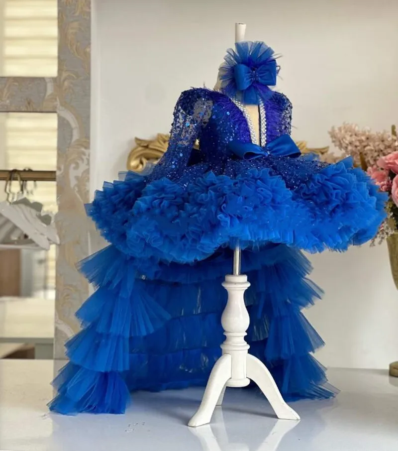 Robe de demoiselle d'honneur bleu royal pour mariage, col en V, manches longues, robe de fête de Noël, robe d'anniversaire pour enfants avec longue queue, luxe